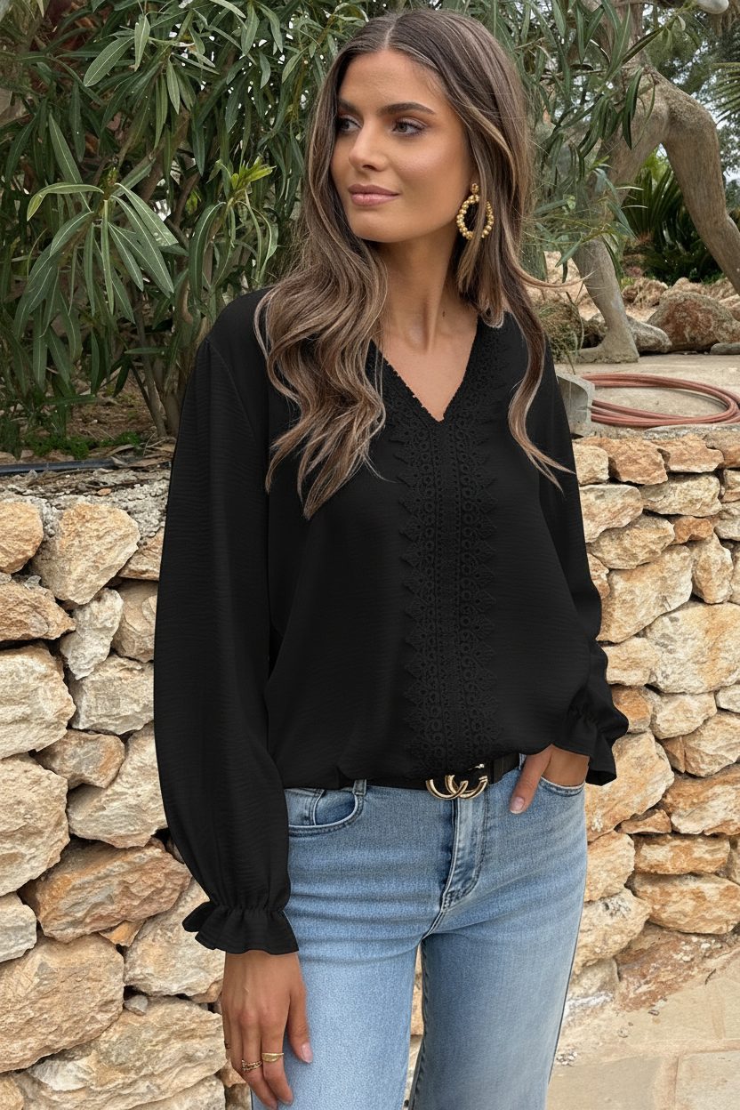 Kanten Boho Blouse Zwart