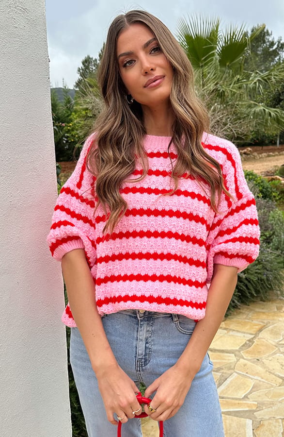 Knitted Striped Short Sleeve Top Roze – tops, foto 7