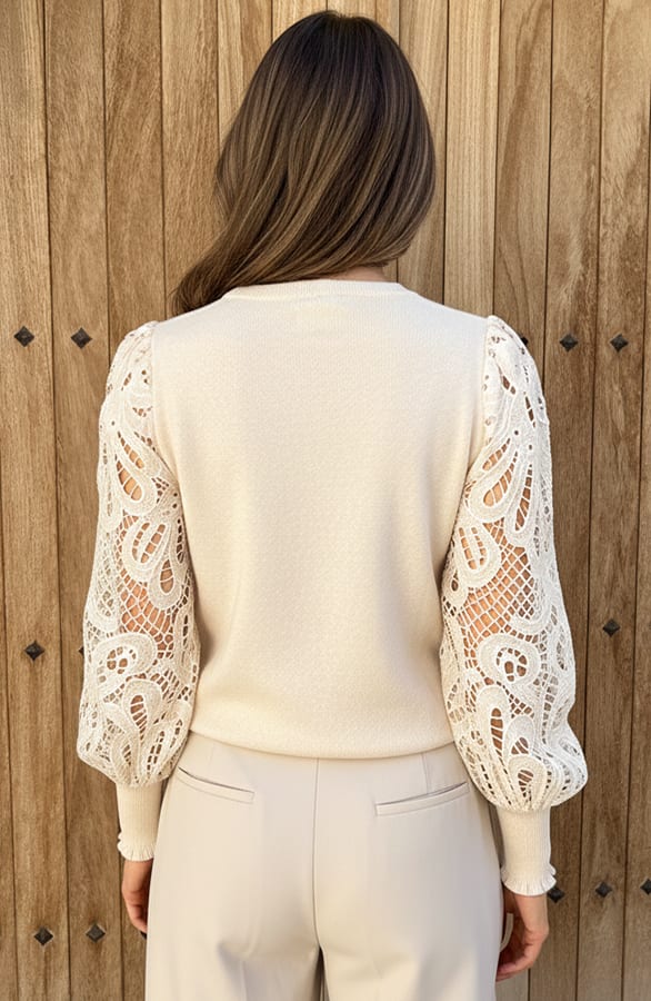 Lace Sleeve Soft Trui Beige – truien, foto 3