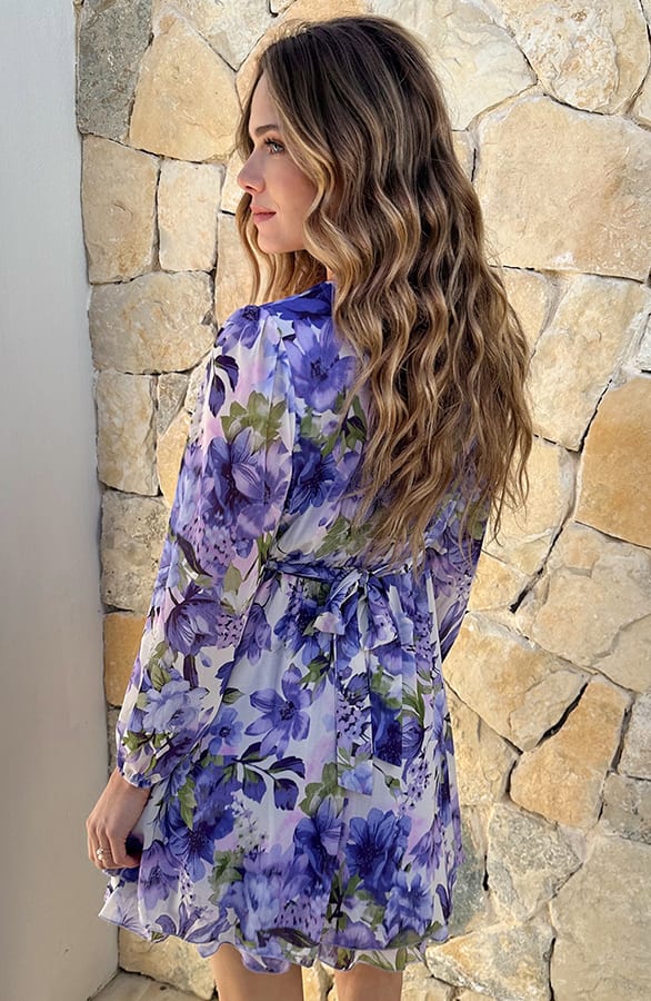 Long Sleeve V-neck Dress Flower Lila – jurken, foto 3