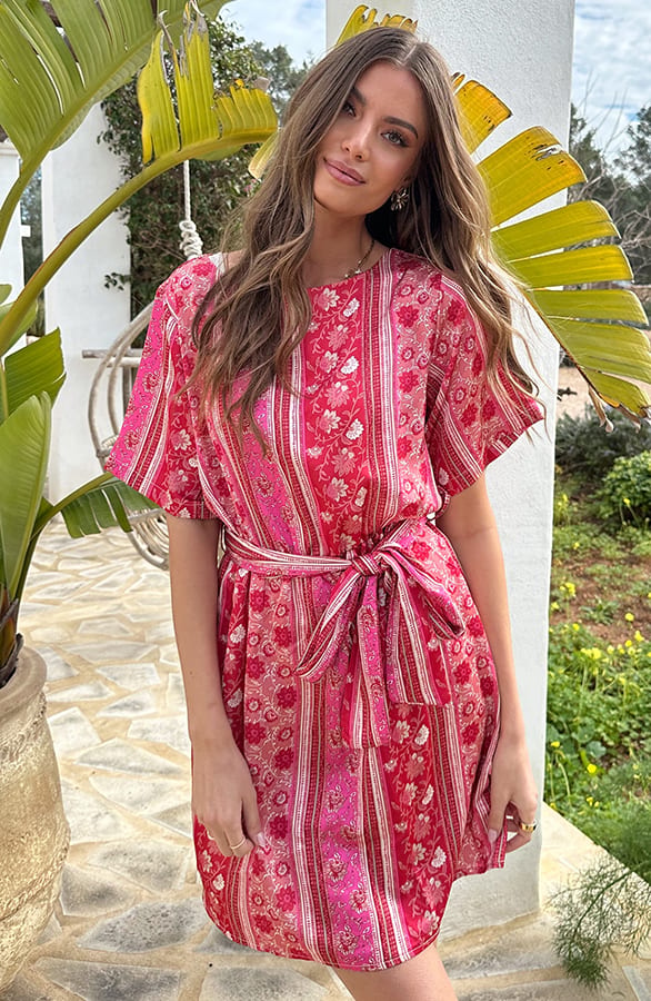 Loose Fit Jurk Satin Print Rood Roze – jurken, foto 5