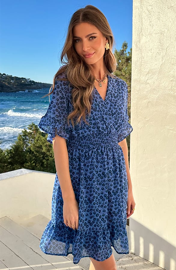 Luxe V-hals Jurk Hart Print Blauw – jurken, foto 6