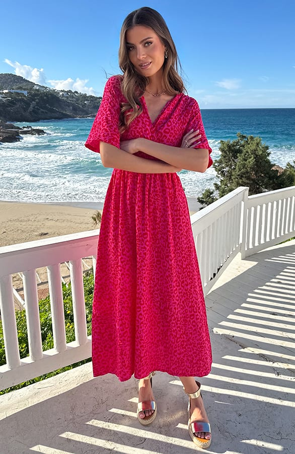 Maxi Jurk Mousseline Leopard Fuchsia Red – jurken, foto 4