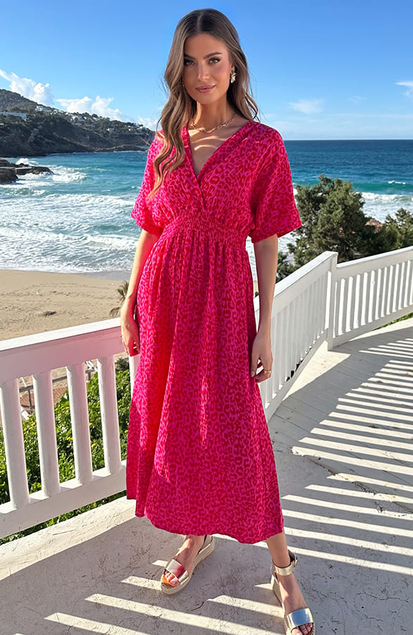 Maxi Jurk Mousseline Leopard Fuchsia Red – jurken, foto 7