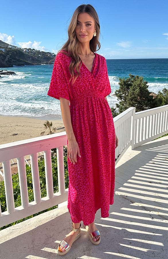 Maxi Jurk Mousseline Leopard Fuchsia Red – jurken, foto 2