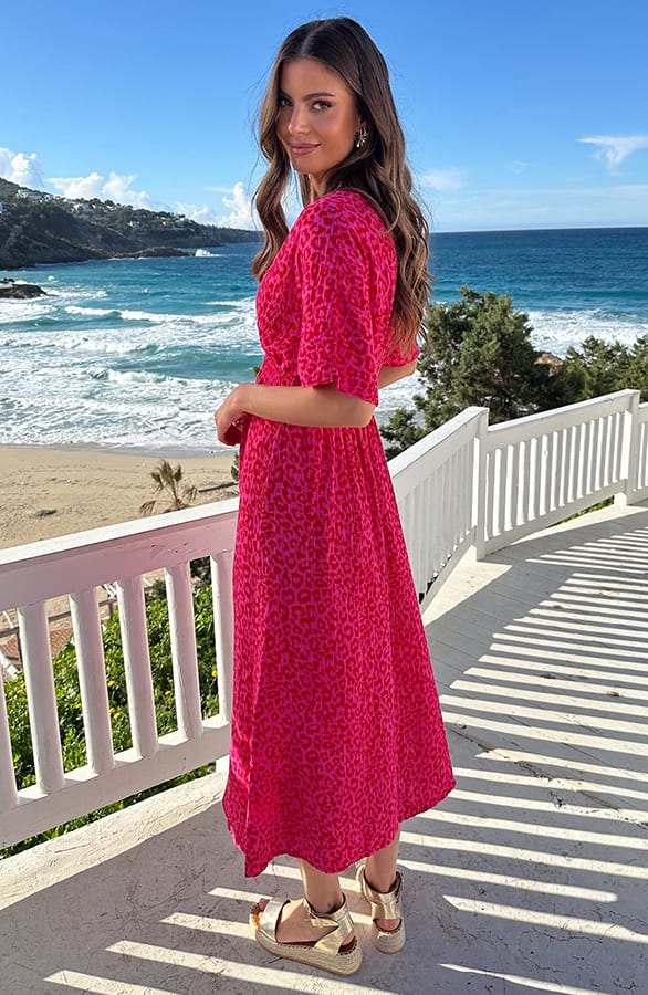 Maxi Jurk Mousseline Leopard Fuchsia Red – jurken, foto 3