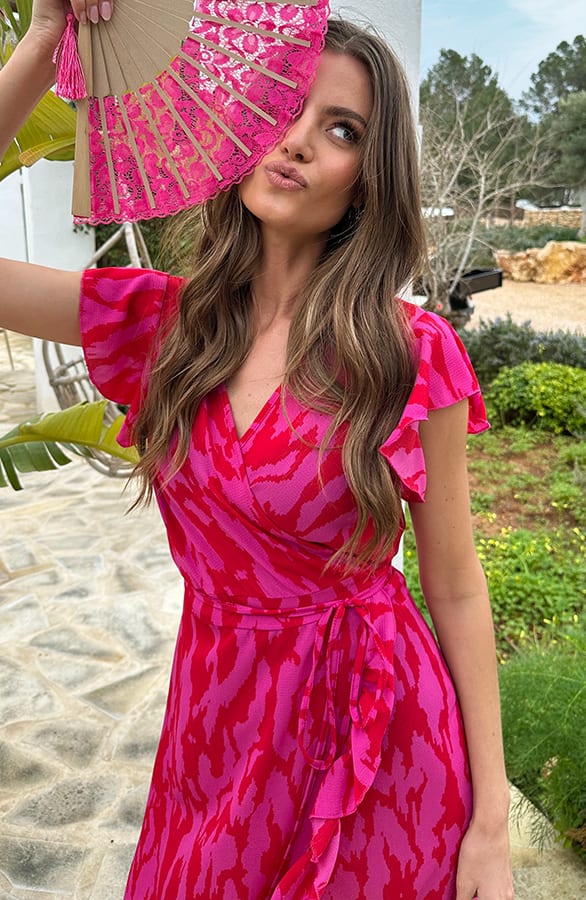 Midi Wikkel Jurk Zebra Fuchsia – jurken, foto 1