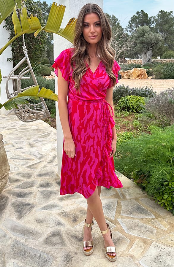 Midi Wikkel Jurk Zebra Fuchsia – jurken, foto 3