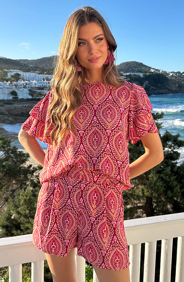 Mila Ruffle Top Print Rosso