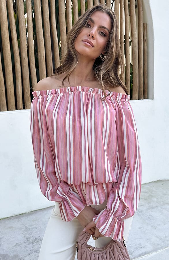 Off Shoulder Striped Blouse Dust Roze – tops, foto 3