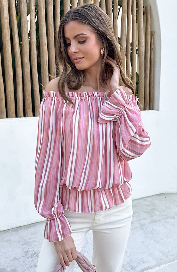 Off Shoulder Striped Blouse Dust Roze