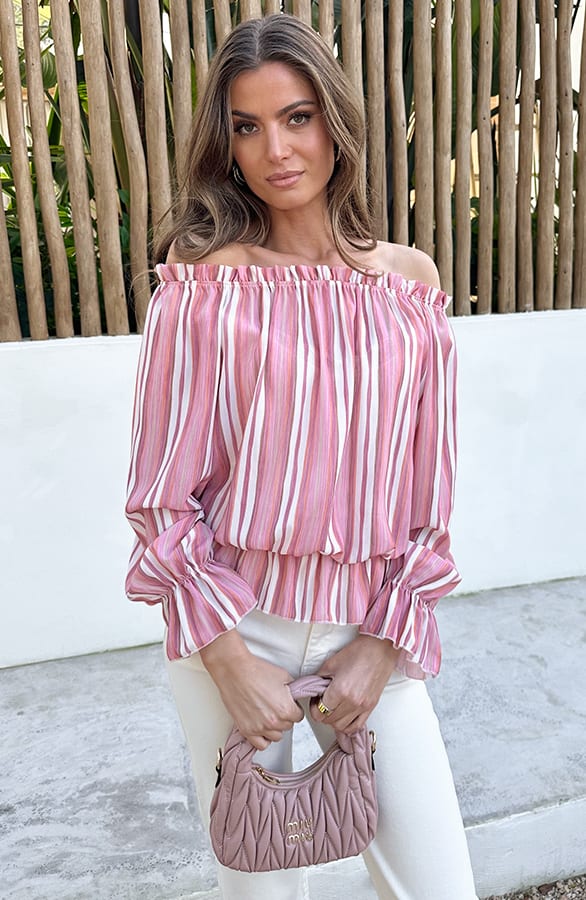 Off Shoulder Striped Blouse Dust Roze – tops, foto 6