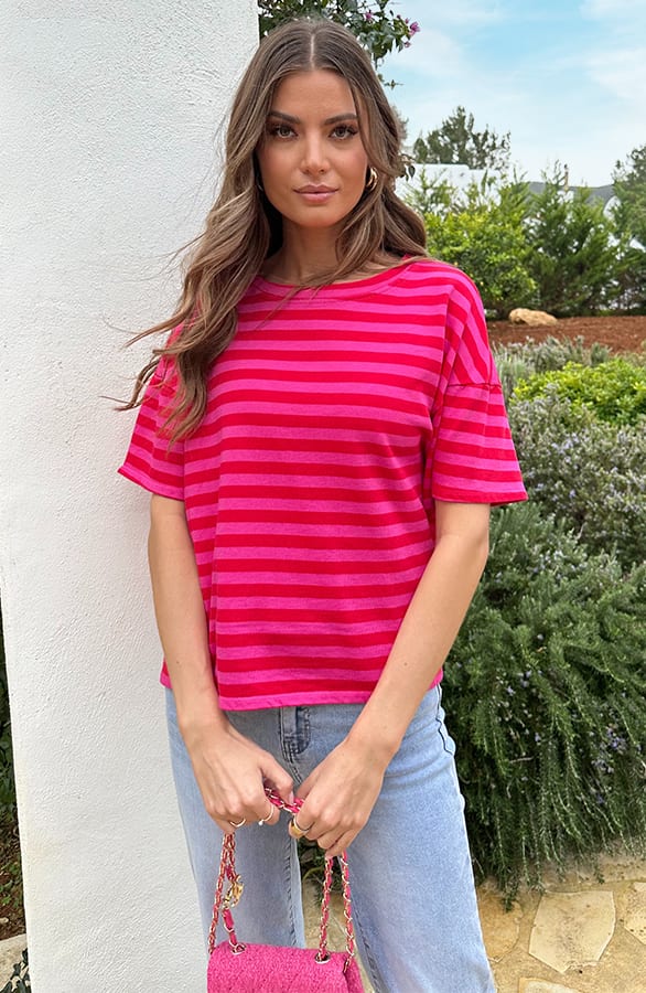 Oversized Katoenen Strepen Top Fuchsia Rood – tops, foto 6