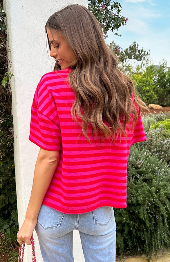 Oversized Katoenen Strepen Top Fuchsia Rood – tops, foto 7