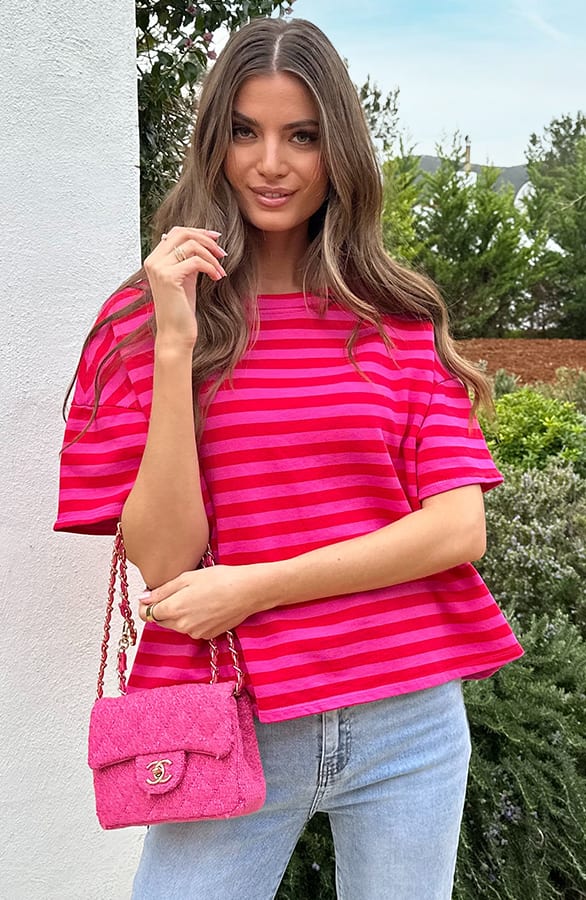 Oversized Katoenen Strepen Top Fuchsia Rood – tops, foto 9