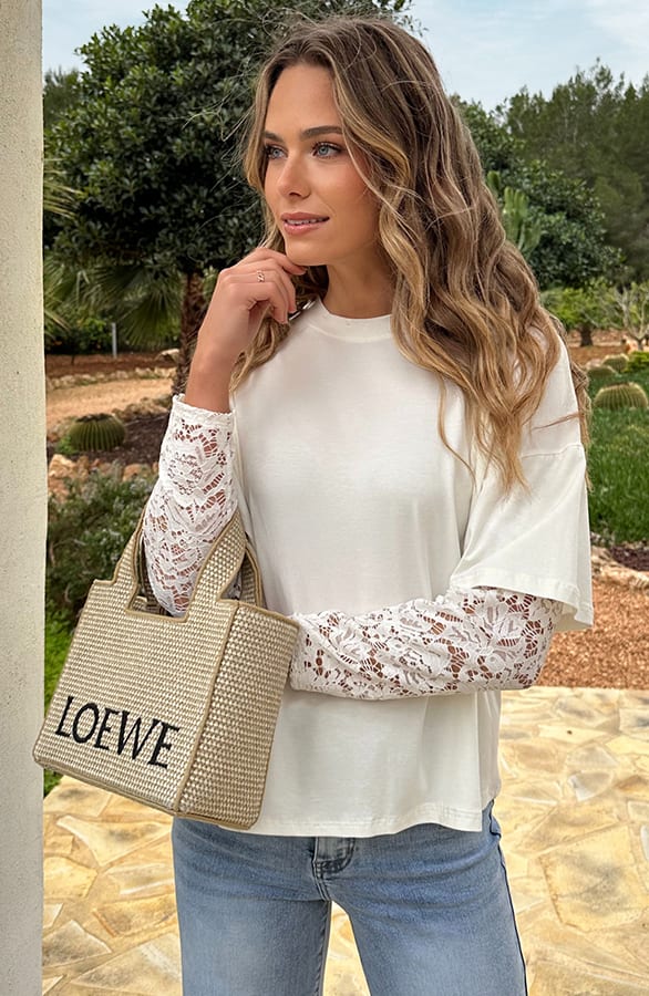 Oversized Lace Sleeve T-shirt Ecru – tops, foto 3