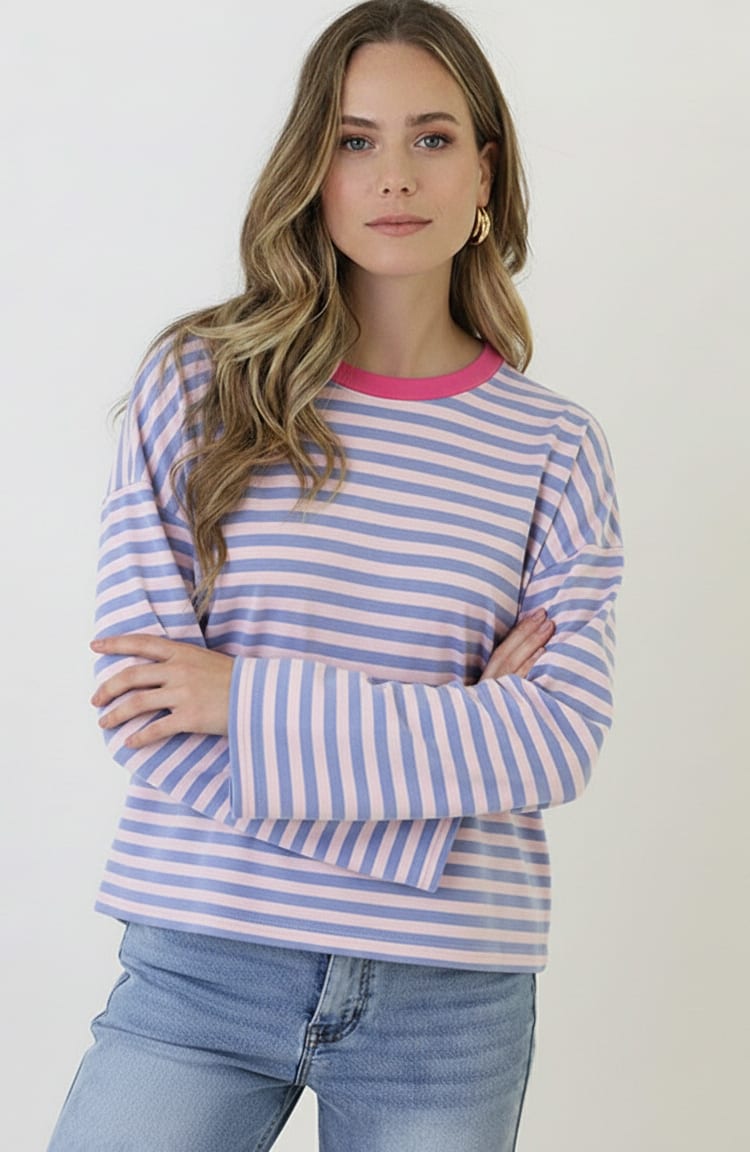 Oversized Strepen Top Katoen Baby Blue Roze – tops, foto 1