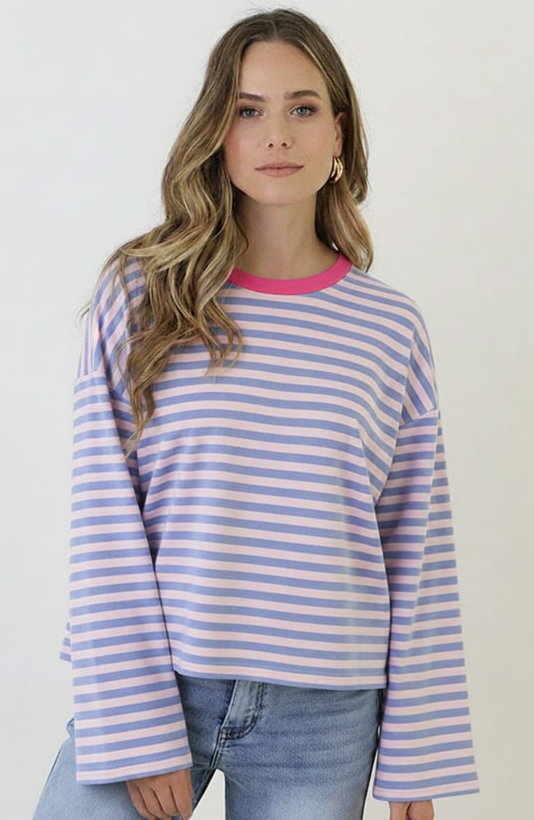 Oversized Strepen Top Katoen Baby Blue Roze – tops, foto 5