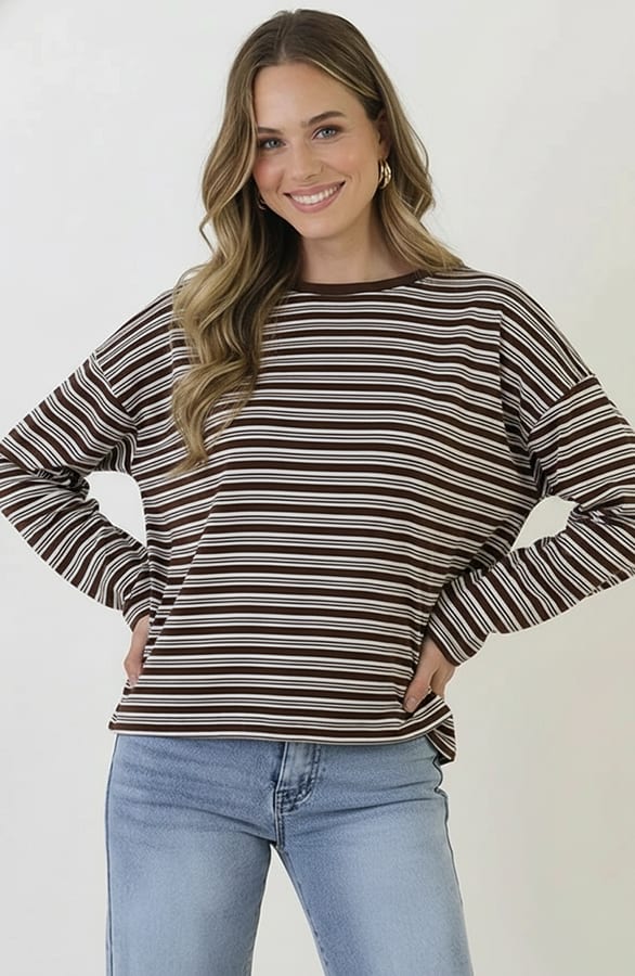 Oversized Strepen Top Katoen Double Choco