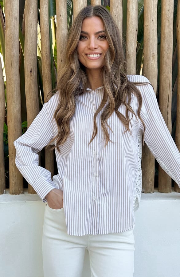 Oversized Stripe Lace Blouse Beige – blouses, foto 3