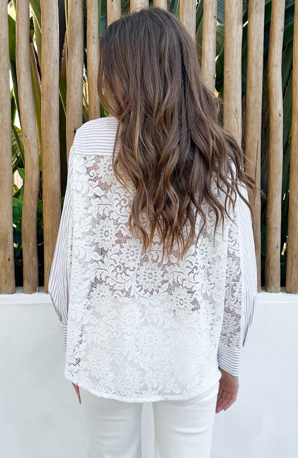 Oversized Stripe Lace Blouse Beige – blouses, foto 2