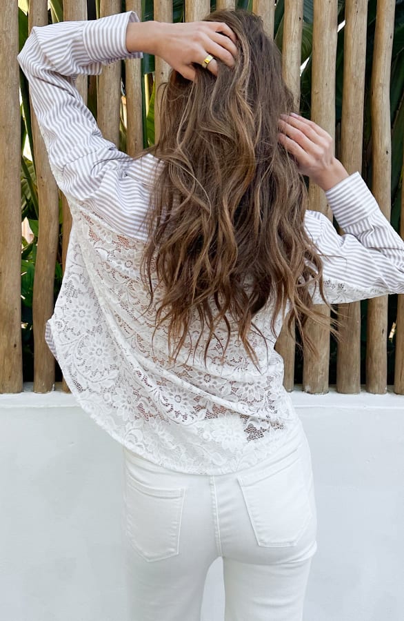 Oversized Stripe Lace Blouse Beige – blouses, foto 5