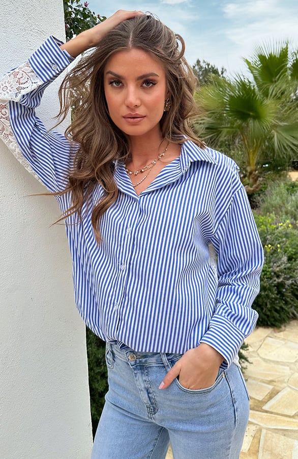 Oversized Stripe Lace Blouse Blue – blouses, foto 5