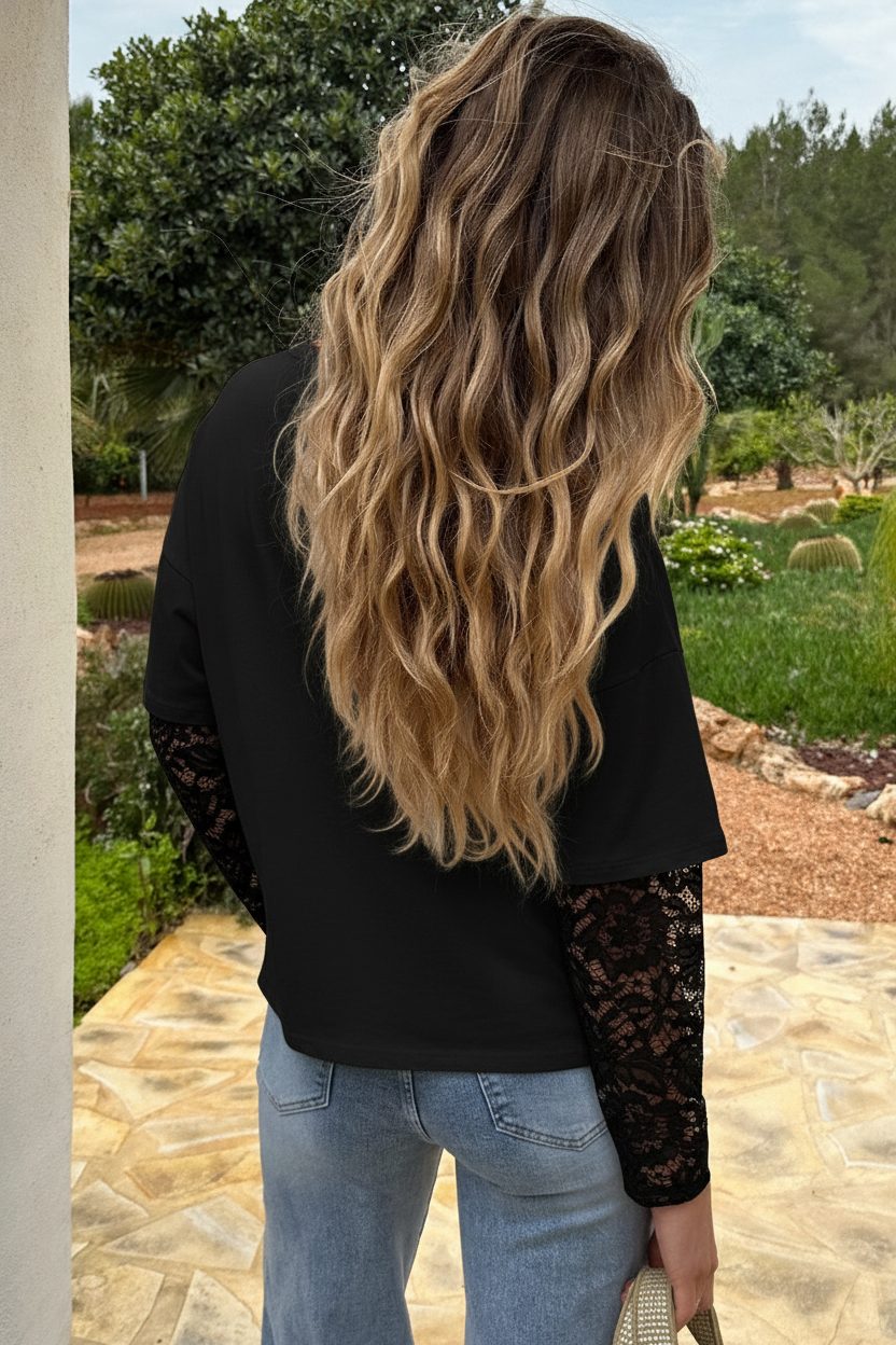 Oversized Lace Sleeve T-shirt Zwart – tops, foto 3