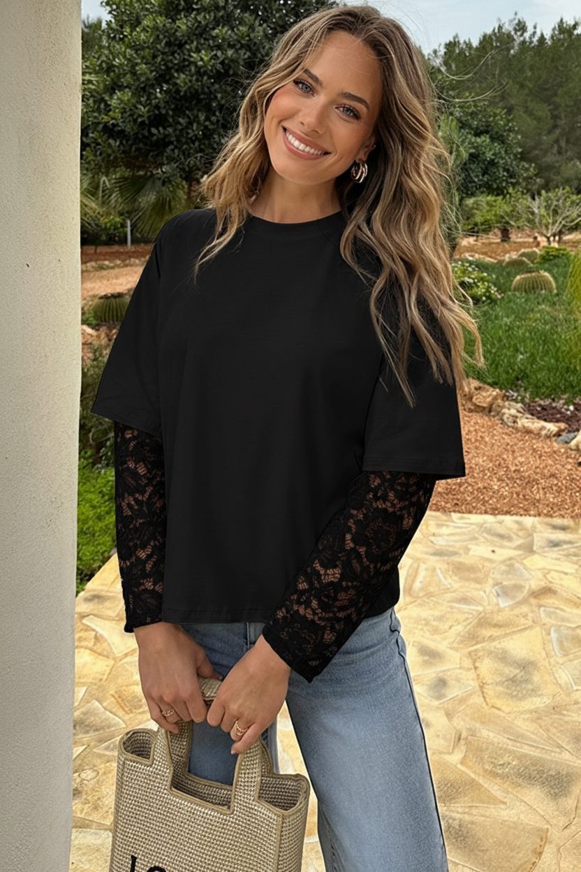 Oversized Lace Sleeve T-shirt Zwart – tops, foto 5