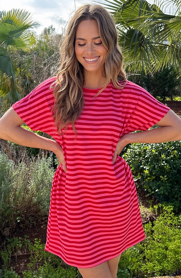 Pocket Tuniek Strepen Fuchsia Rood