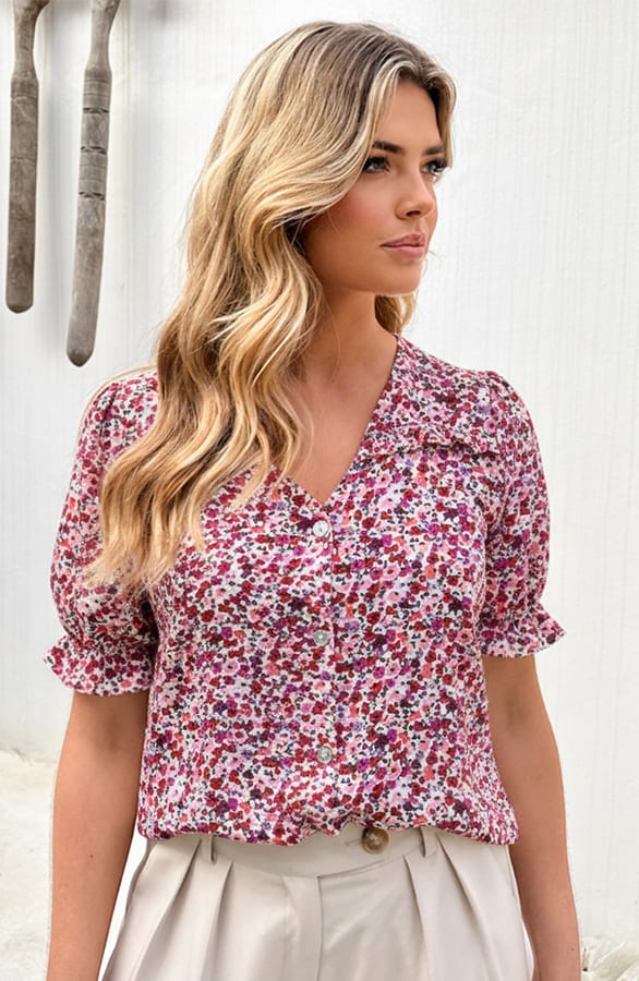 Ruffle Top Met Pofmouwen Print Roze – tops, foto 7