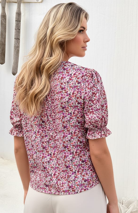 Ruffle Top Met Pofmouwen Print Roze – tops, foto 9