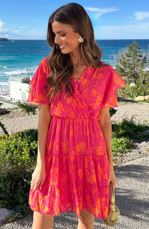 V-hals Ruffle Jurk Print Fuchsia Oranje – jurken, foto 4