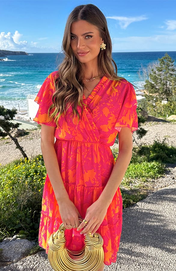 V-hals Ruffle Jurk Print Fuchsia Oranje – jurken, foto 5