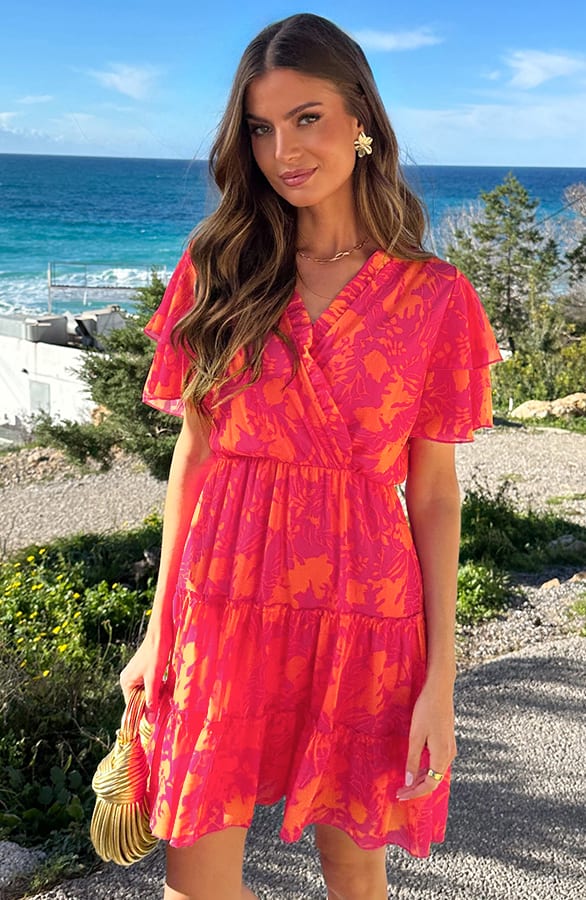 V-hals Ruffle Jurk Print Fuchsia Oranje