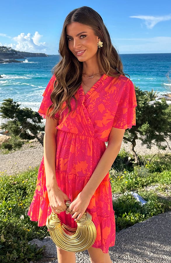 V-hals Ruffle Jurk Print Fuchsia Oranje – jurken, foto 6