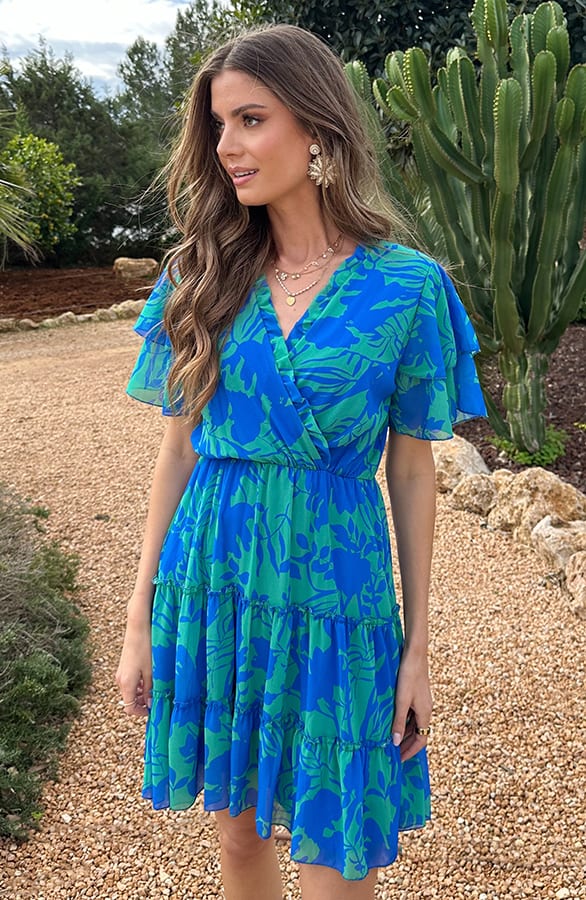 V-hals Ruffle Jurk Print Kobalt Groen – jurken, foto 5