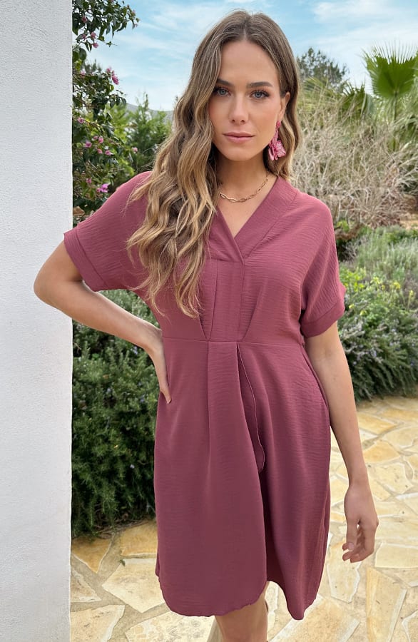 V-hals Short Sleeve Jurk Dust Roze – jurken, foto 5