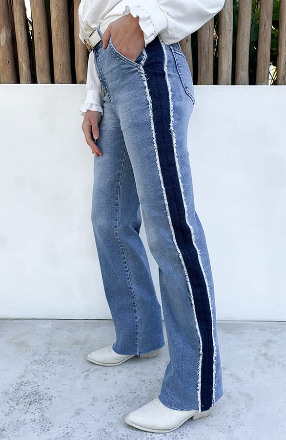 Wide Leg Jeans Bies Detail Mid Blue Stretch FMH