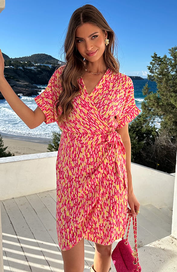 Wrap Jurk Print Roze Geel