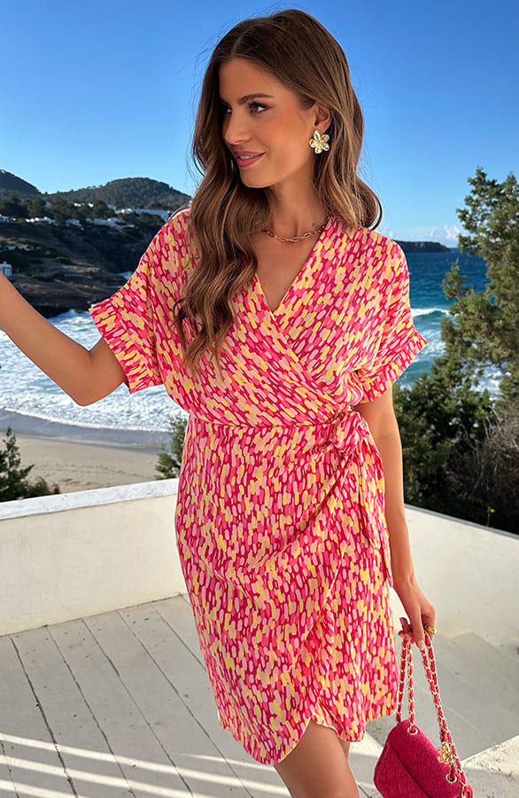 Wrap Jurk Print Roze Geel – jurken, foto 6