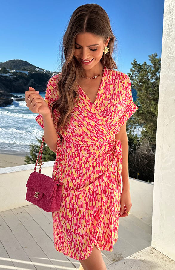 Wrap Jurk Print Roze Geel – jurken, foto 3