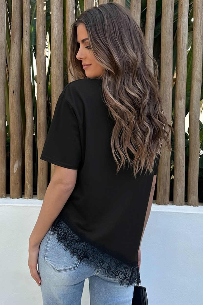 Asymmetrisches Lace T-Shirt Schwarz, Tops, Foto 8