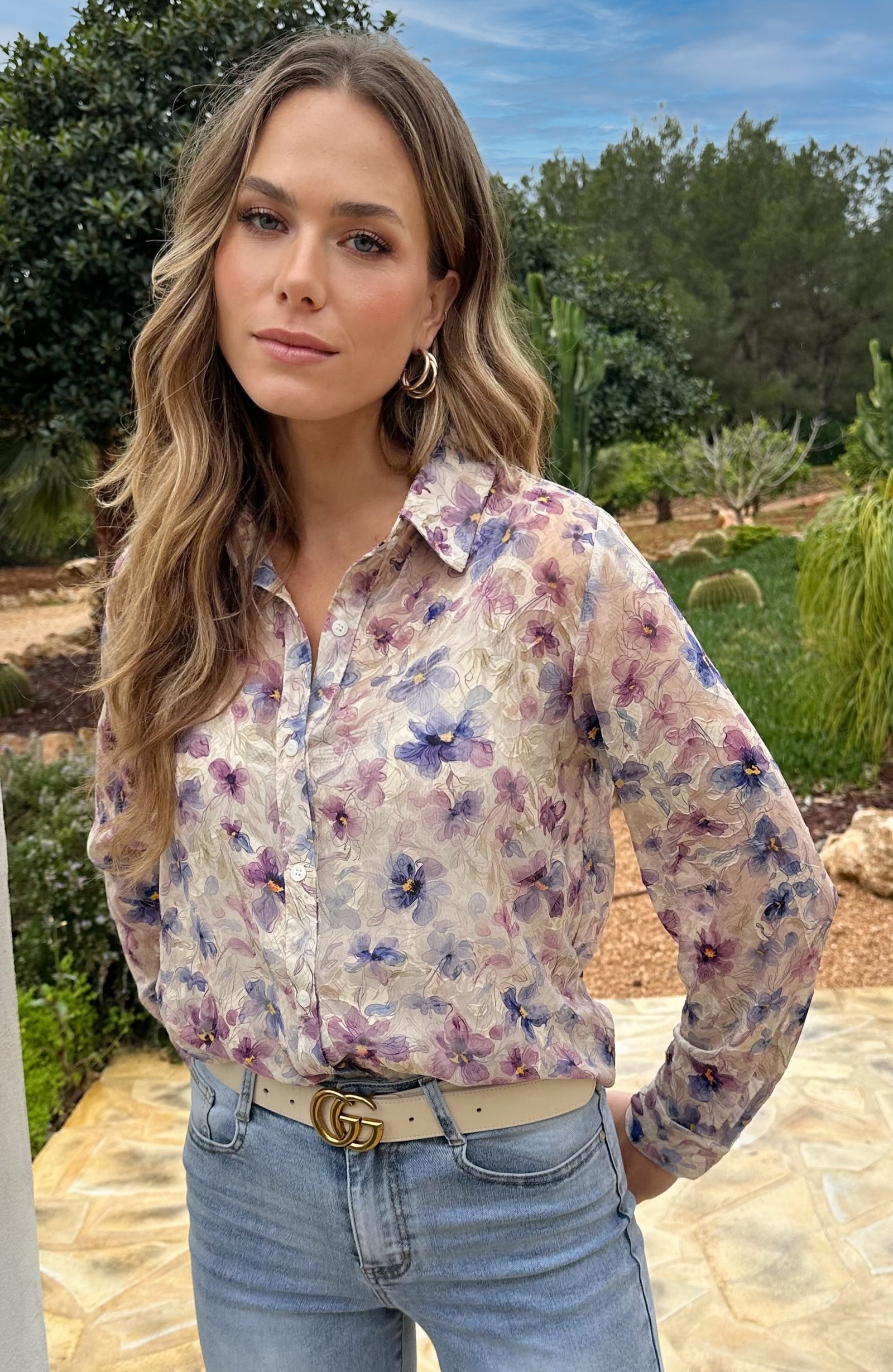 Chiffon Bloem Print Blouse Beige – blouses, foto 7