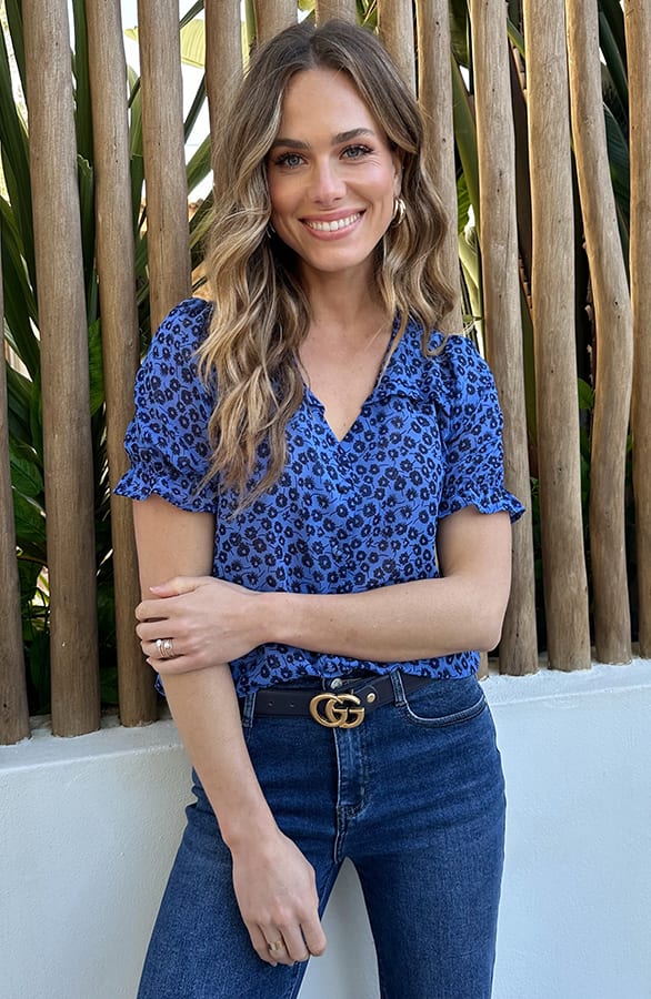 Chiffon Ruffle Top Met Pofmouwen Print Kobalt – tops, foto 6