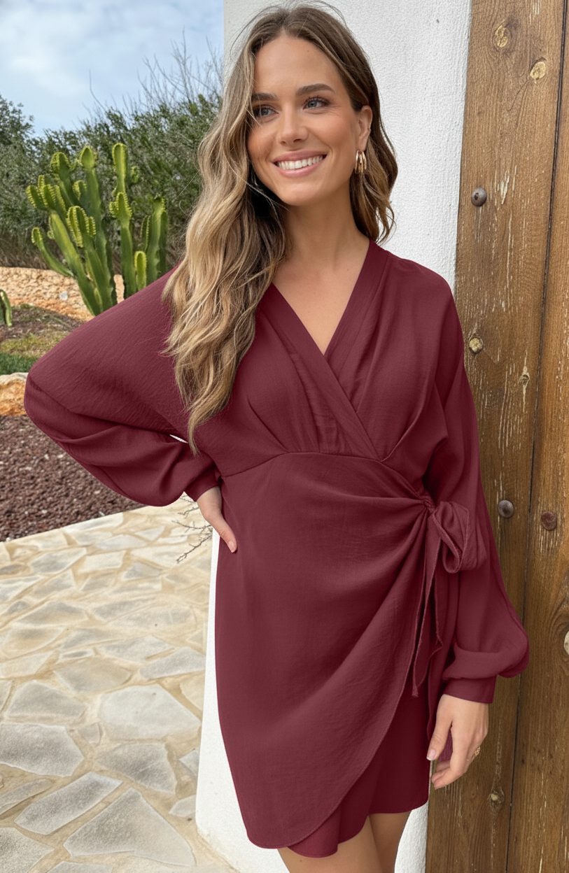 Elegant V-Hals Jurk Burgundy – jurken, foto 8