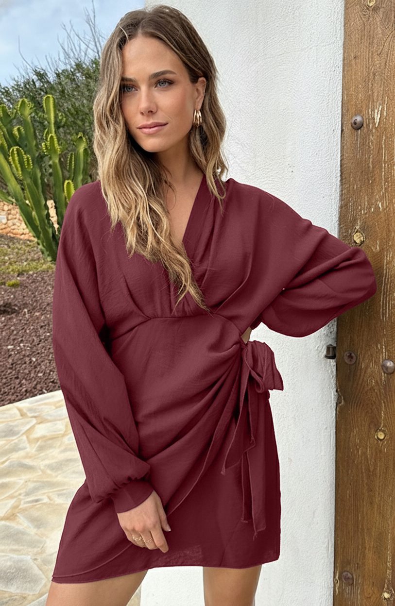 Elegant V-Hals Jurk Burgundy – jurken, foto 11
