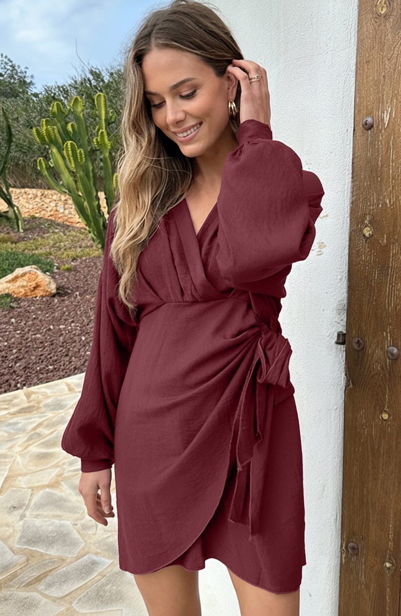 Elegant V-Hals Jurk Burgundy – jurken, foto 10