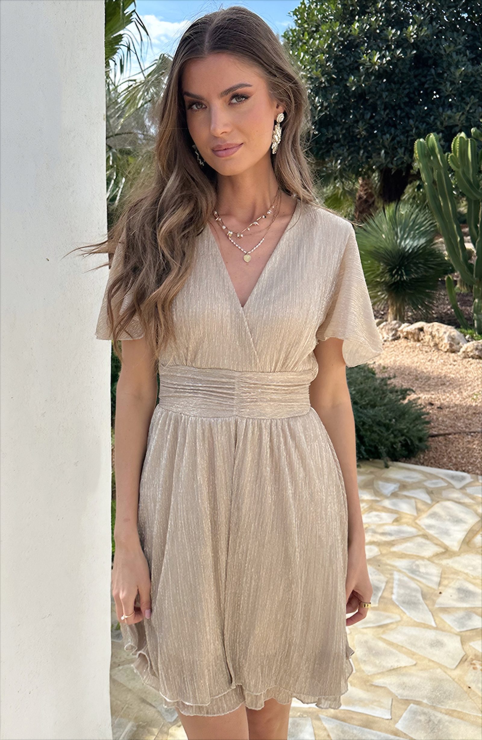 Lurex Waistband Dress Short Sleeve Gold – jurken, foto 7