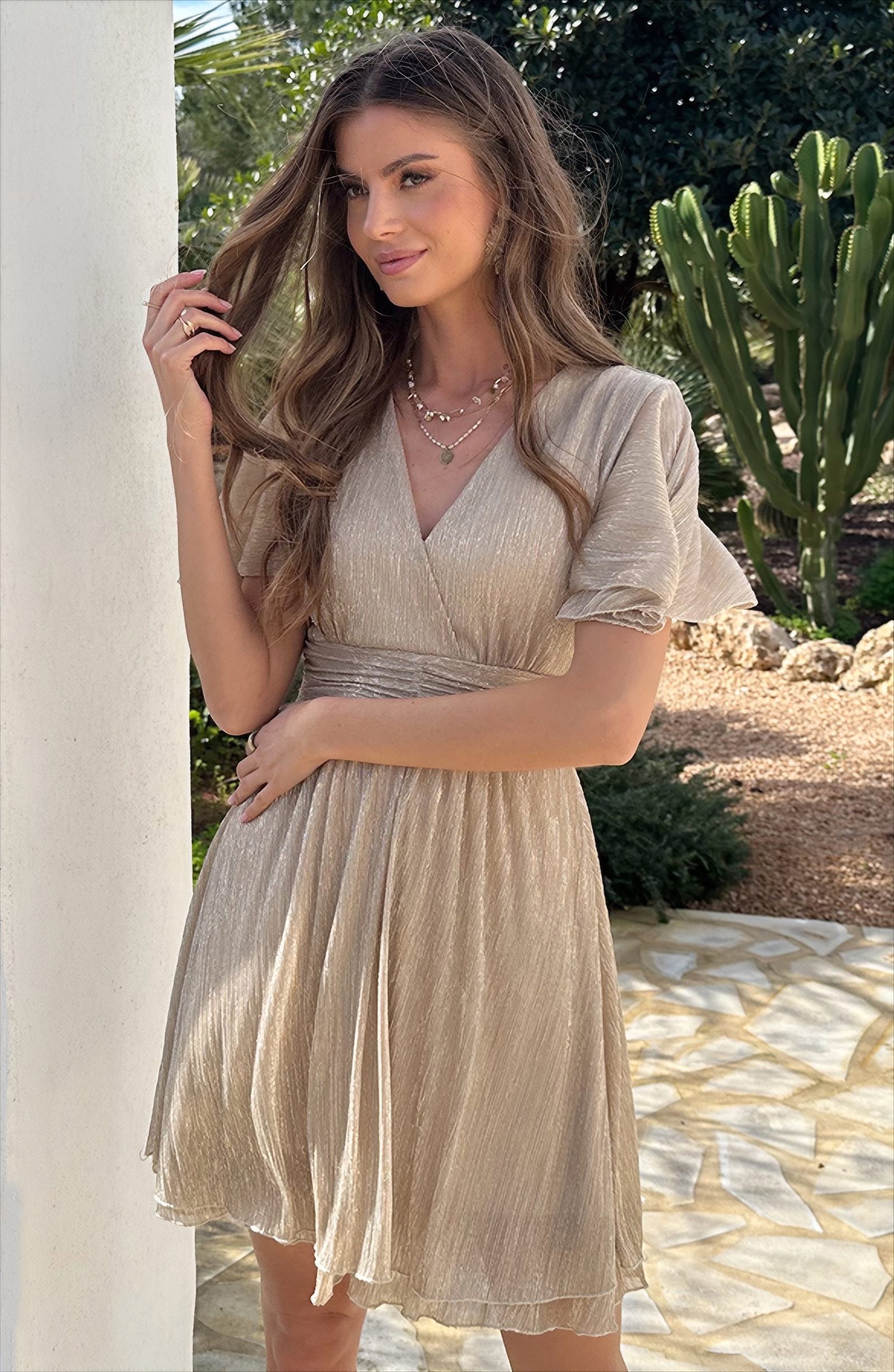 Lurex Waistband Dress Short Sleeve Gold – jurken, foto 5